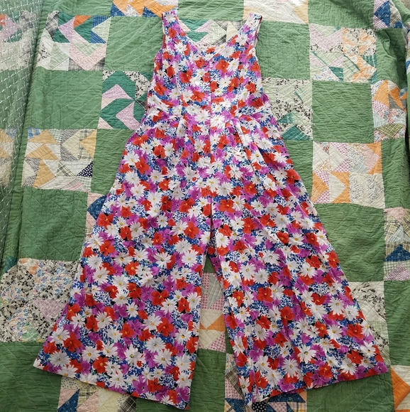 Vintage Pants - Vintage Jumpsuit Sleeveless Floral Pink Medium